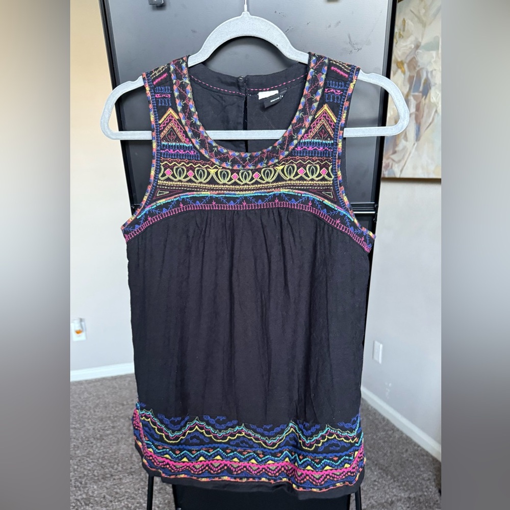 Anthropologie Black Tank Top with Colorful Embroidery